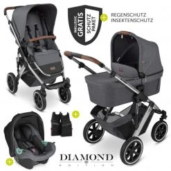 ABC Design 3in1 Kinderwagen-Set Salsa 4 Air - inkl. Babywanne, Autositz Tulip, Sportsitz und Zubehörpaket - Diamond Edition - Asphalt - Kollektion 2023