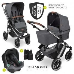 ABC Design 3in1 Kinderwagen-Set Salsa 4 Air - inkl. Babywanne, Babyschale Tulip, Sportsitz und Zubehörpaket - Diamond Edition - Asphalt - Kollektion 2022