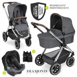 ABC Design 3in1 Kinderwagen-Set Samba - inkl. Babywanne, Autositz Tulip, Sportsitz und Zubehörpaket - Diamond Edition - Asphalt - Kollektion 2023