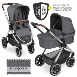 ABC Design Kombi-Kinderwagen Samba - inkl. Babywanne & Sportsitz mit XXL Zubehörpaket - Diamond Edition - Asphalt - Kollektion 2023