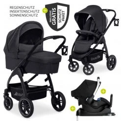 Hauck 4in1 Kinderwagen-Set Saturn R Duoset (bis 25 kg belastbar) inkl. Babyschale, Isofix Basis und XXL Zubehörpaket - Melange Black - Kollektion 2023
