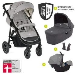 Joie 4in1 Kombi-Kinderwagen-Set Mytrax mit Adapter, Babyschale, Babywanne, Isofix-Basis & XXL Zubehörpaket - Gray Flannel - Kollektion 2022