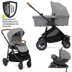 Joie 4in1 Kombi-Kinderwagen-Set Versatrax mit Babyschale, Babywanne, Isofix-Basis, Adapter & XXL-Zubehörpaket - Gray Flannel - Kollektion 2022