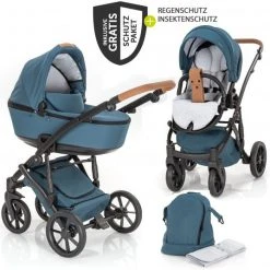Junama 2in 1 Kombi-Kinderwagen-Set Space inkl. Babywanne, Sportsitz,Wickeltasche & Regenschutz - Grün - Kollektion 2022