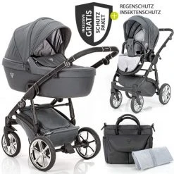 Junama 2in 1 Kombi-Kinderwagen-Set Termo Line Tex inkl. Babywanne, Sportsitz,Wickeltasche & Regenschutz - Grau - Kollektion 2022