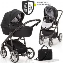 Junama 2in 1 Kombi-Kinderwagen-Set Termo Line Tex inkl. Babywanne, Sportsitz, Wickeltasche & Regenschutz - Schwarz - Kollektion 2022