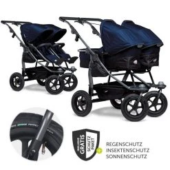TFK Geschwister- & Zwillingskinderwagen Duo mit Luftreifen - 2x Kombi-Einheit (Wanne+Sitz) + XXL Zamboo Zubehör - Marine - Kollektion 2022