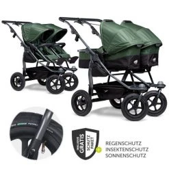 TFK Geschwister- & Zwillingskinderwagen Duo mit Luftreifen - 2x Kombi-Einheit (Wanne + Sitz) + XXL Zamboo Zubehör - Olive - Kollektion 2022