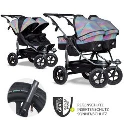 TFK Geschwister- & Zwillingskinderwagen Duo mit Luftreifen - 2x Kombi-Einheit (Wanne+Sitz) + XXL Zubehörpaket - Glow - Kollektion 2022