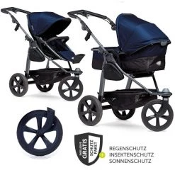 TFK Kombi-Kinderwagen Mono mit Luftkammerreifen - inkl. Kombi-Einheit (Babywanne+Sitz) und XXL-Zamboo Zubehörpaket - Marine - Kollektion 2022