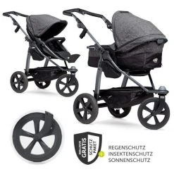 TFK Kombi-Kinderwagen Mono mit Luftkammerreifen - inkl. Kombi-Einheit (Babywanne+Sitz) + XXL-Zamboo Zubehörpaket - Anthrazit - Kollektion 2022