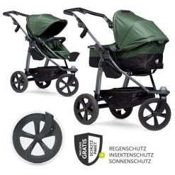 TFK Kombi-Kinderwagen Mono mit Luftkammerreifen - inkl. Kombi-Einheit (Babywanne + Sitz) + XXL-Zamboo Zubehörpaket - Olive - Kollektion 2022