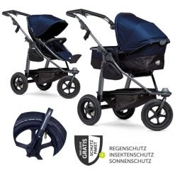 TFK Kombi-Kinderwagen Mono mit Luftreifen - inkl. Kombi-Einheit (Babywanne + Sitz) und XXL-Zamboo Zubehörpaket - Marine - Kollektion 2022