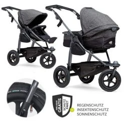 TFK Kombi-Kinderwagen Mono mit Luftreifen - inkl. Kombi-Einheit (Babywanne + Sitz) + XXL-Zamboo Zubehörpaket - Anthrazit - Kollektion 2022