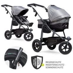 TFK Kombi-Kinderwagen Mono mit Luftreifen - inkl. Kombi-Einheit (Babywanne + Sitz) + XXL-Zamboo Zubehörpaket - Grau - Kollektion 2022