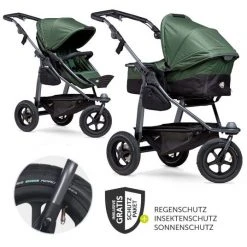 TFK Kombi-Kinderwagen Mono mit Luftreifen - inkl. Kombi-Einheit (Babywanne + Sitz) + XXL-Zamboo Zubehörpaket - Olive - Kollektion 2022