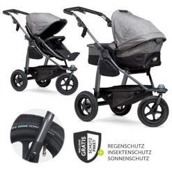 TFK Kombi-Kinderwagen Mono mit Luftreifen - inkl. Kombi-Einheit (Babywanne + Sitz) + XXL-Zamboo Zubehörpaket - Premium Grau - Kollektion 2022
